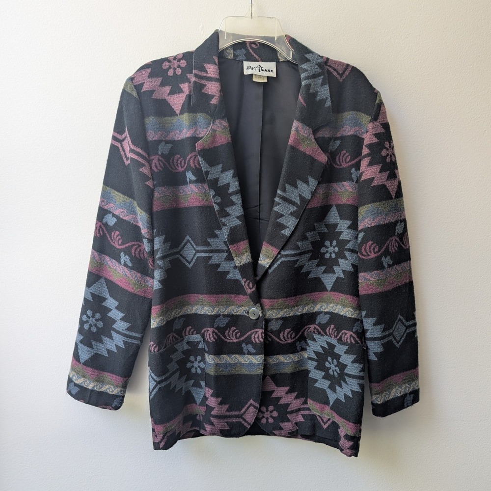 Vtg 90s Blazer Black Teal Southwestern Geometric Sz S Tribal Western Boho